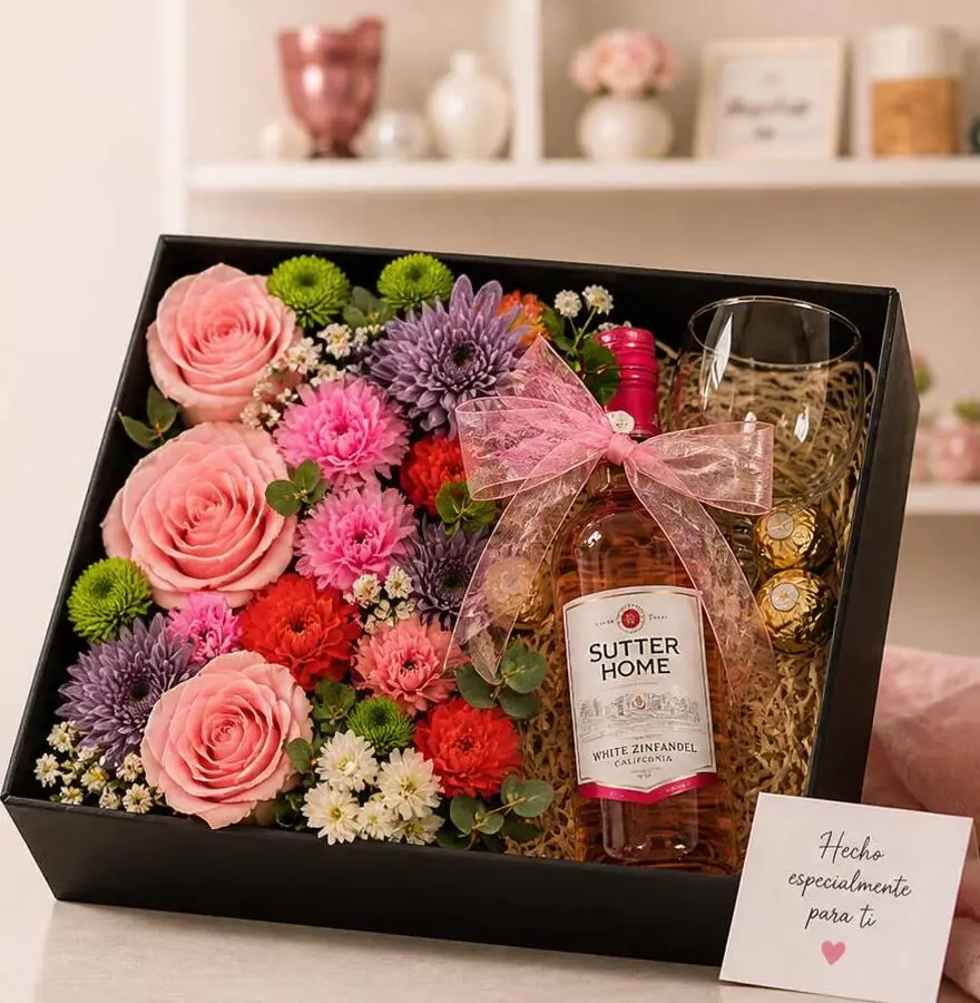 Caja de regalo negra con rosas, flores de temporada, una botella de vino rosado, copa, chocolates y una tarjeta que dice “Hecho especialmente para ti”.