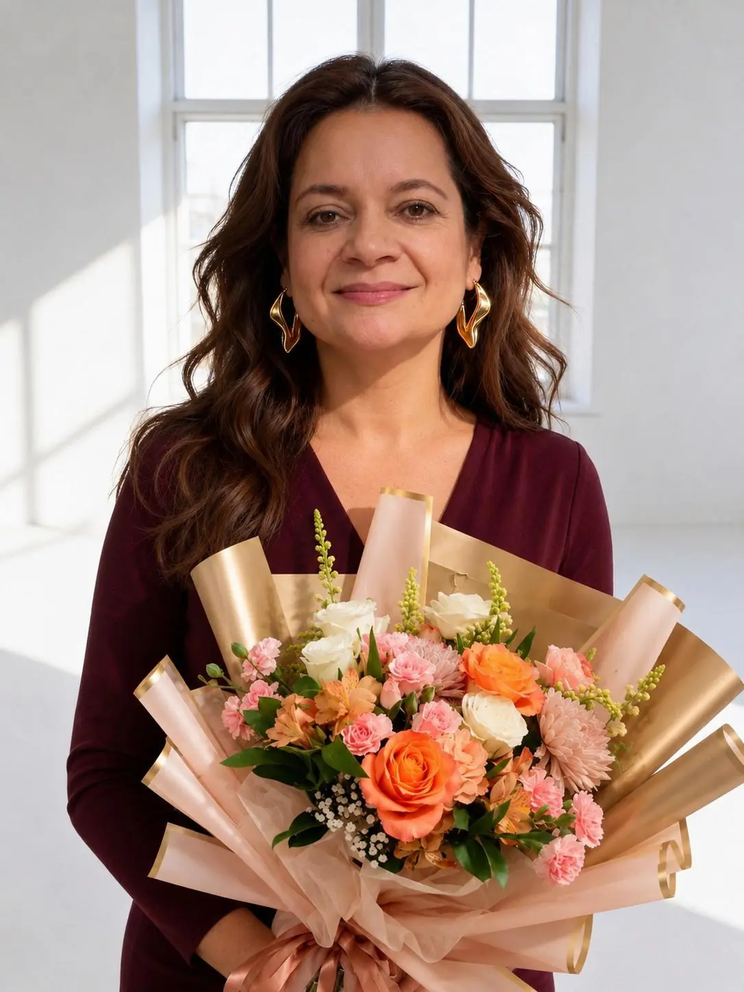 Hilma Ruiz, fundadora de Mayina Gifts, sonriendo junto a una ventana, sosteniendo un ramo de rosas naranjas y rosas, claveles y alstroemerias, envuelto en papel dorado y rosa.