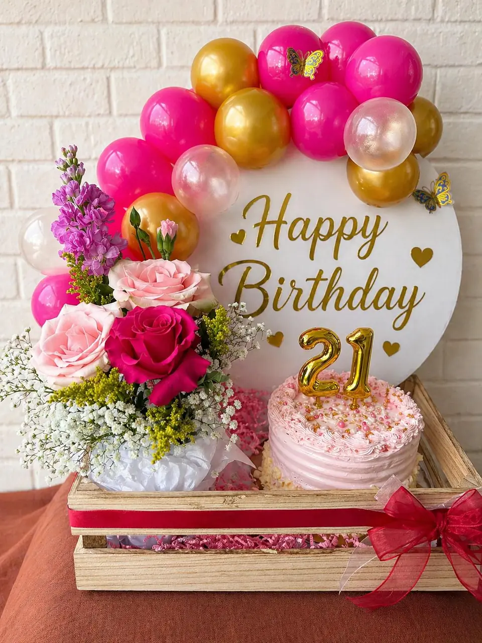 Montaje de cumpleaños: arco de globos fucsia y dorados sobre un letrero que dice “Happy Birthday” con un 21 dorado, un pastel rosa y un arreglo de rosas y flores de temporada, todo en una caja de madera.