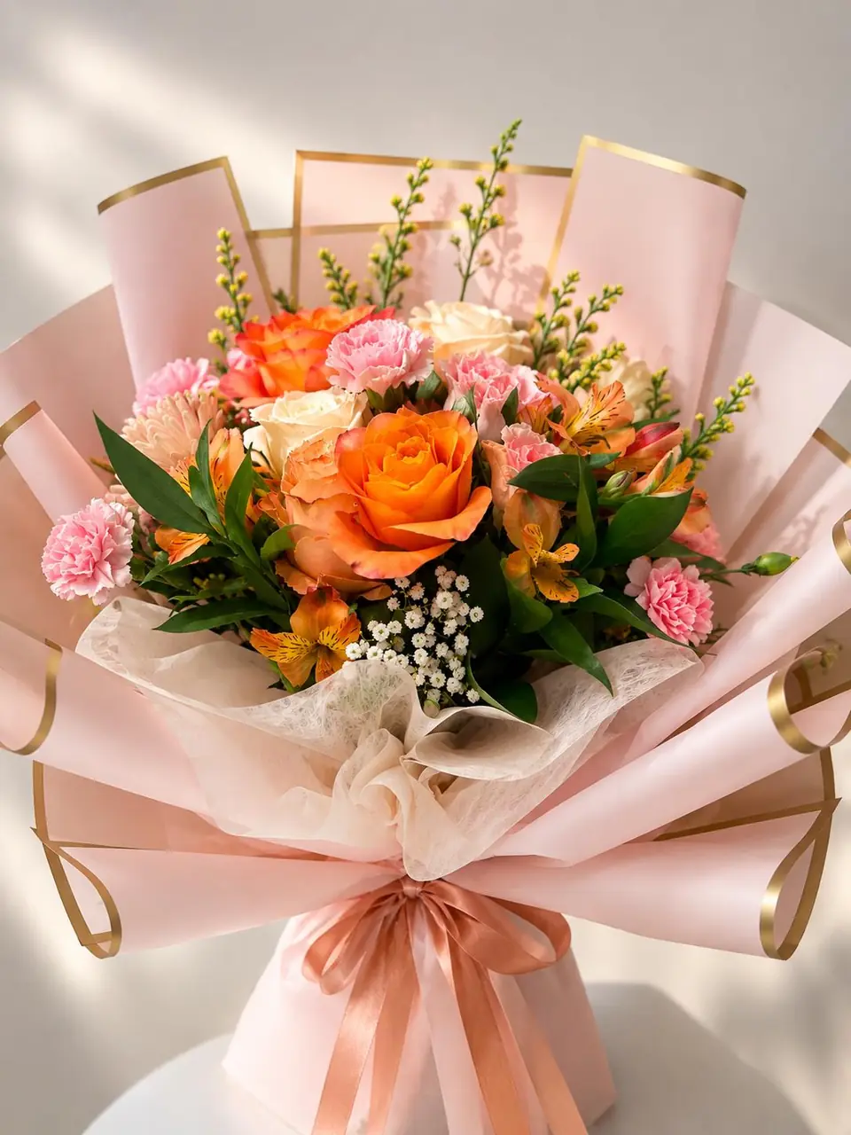 Ramo de rosas naranjas y durazno con claveles rosados, alstroemerias y nube, envuelto en papel rosa con filo dorado y listón de organza.